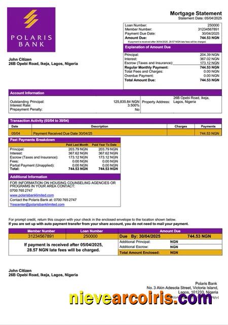 Nigeria Polaris Bank mortgage statement Word and PDF template